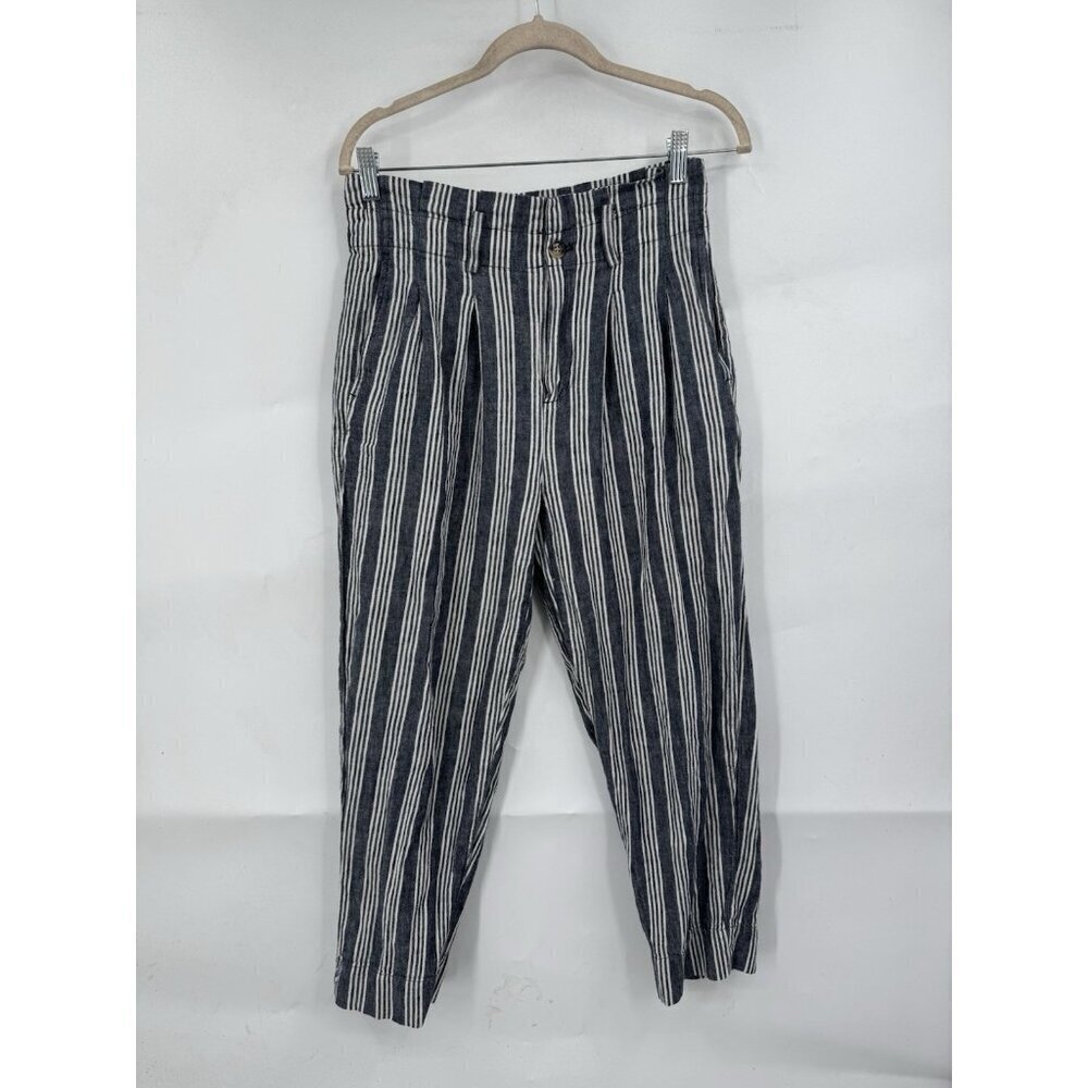 Madewell Linen Blend Paper bag Waist High Rise Trousers Pants Blue White Size 2‎